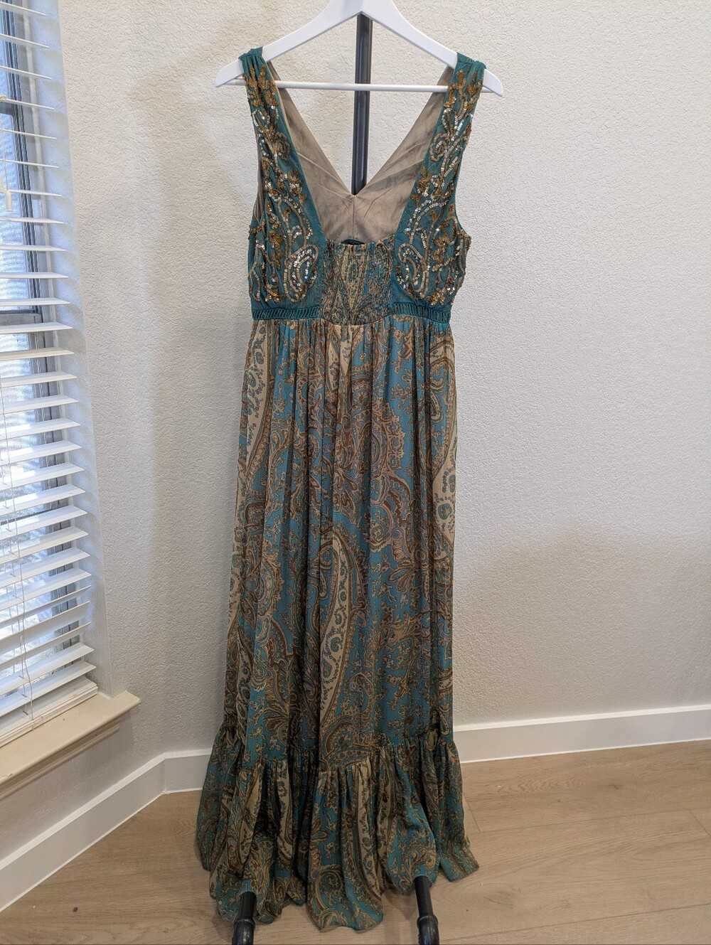 Anthropologie Teal Paisley Maxi Dress with Gold Accents - Picture 7 of 14
